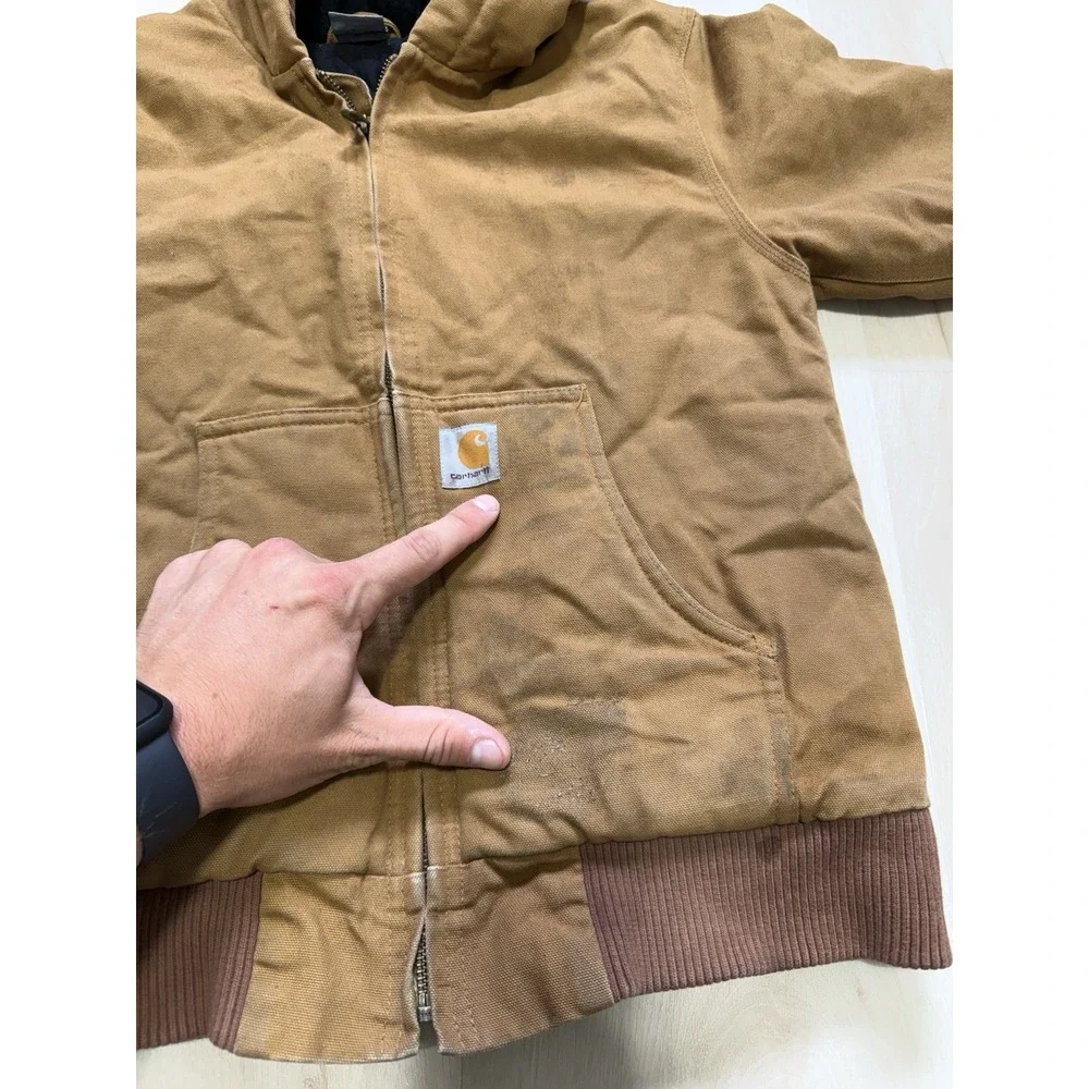 Carhartt Kids Active Jacket Brown Cotton Duck Quilted Lined Hooded M 10-12 Coat